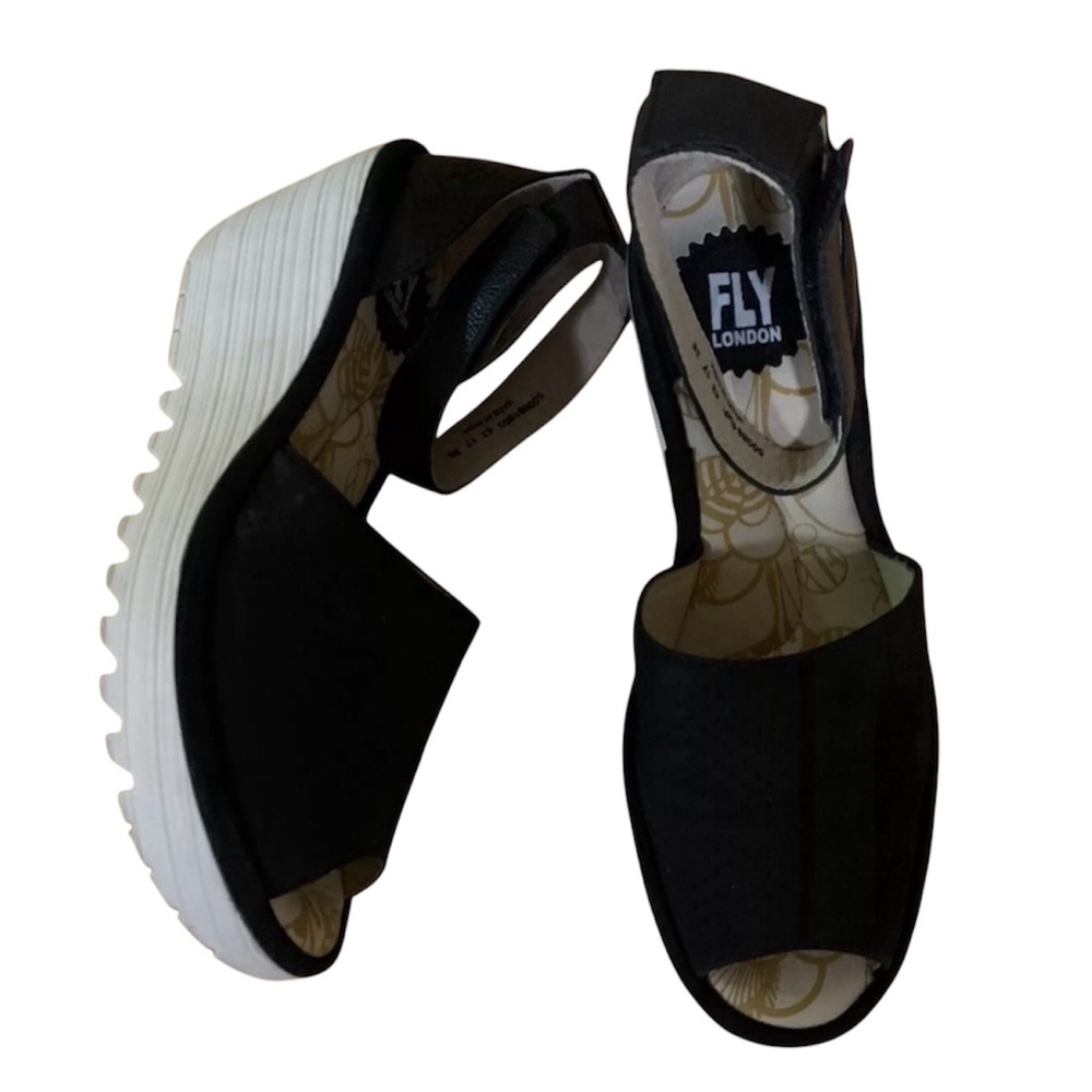 Fly London Black and White Women's Wedge Sandals